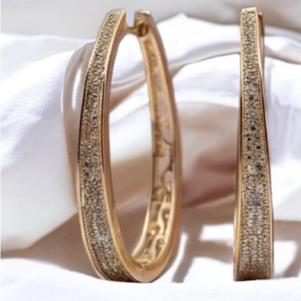 14K Gold Plated Natural White Zircon Two Sided Patterned Hoop Earrings - Picture 4 of 6